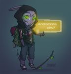  2016 3_fingers alien backpack belt big_eyes big_head black_clothing blue_markings chibi clothed clothing colored cute digital_drawing_(artwork) digital_media_(artwork) fan_character feranta footwear front_view glowing glowing_eyes green_background green_eyes green_sclera hand_in_pocket hoodie humanoid jeans loganhen male markings mass_effect pants purple_body shaded shadow shoes signature simple_background skateboard skater solo standing thumbs_up toony turian video_games white_markings 
