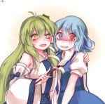  2girls :d ahoge arm_around_shoulder bare_shoulders beige_background blue_bow blue_eyes blue_hair blue_skirt blue_vest blush bow commentary detached_sleeves fang frog_hair_ornament gradient gradient_background green_eyes green_hair hair_ornament hair_tubes heterochromia holding kochiya_sanae long_hair long_sleeves looking_at_another looking_at_viewer multiple_girls open_mouth pale_face puffy_short_sleeves puffy_sleeves red_eyes shan shirt short_hair short_sleeves sidelocks skirt skirt_set smile snake_hair_ornament sparkle star star-shaped_pupils symbol-shaped_pupils tatara_kogasa tears touhou uneven_eyes v_arms very_long_hair vest white_background white_shirt wide_sleeves 