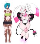  2016 anthro big_breasts blue_hair blush breasts brown_eyes brown_skin cleavage clothed clothing facial_piercing female hair lagomorph lip_piercing lip_ring looking_away machine mammal nose_piercing nose_ring piercing pink_skin rabbit red_eyes robot shirt short_hair shorts simple_background standing tight_clothing tongue unknown_species venusflowerart white_background white_skin wite_hips 