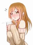  blush brown_eyes brown_hair chestnut_mouth cup drink highres holding holding_cup hot_drink kototsuki kunikida_hanamaru long_hair love_live! love_live!_sunshine!! off-shoulder_sweater ribbed_sweater solo sweater 
