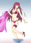  :o arciealbano bikini bracelet breasts cleavage fate/grand_order fate_(series) flower hair_flower hair_ornament hibiscus highres jewelry knife large_breasts leg_garter leg_up long_hair midriff navel purple_bikini purple_hair purple_sarong red_eyes sandals sarong sarong_removed scathach_(fate)_(all) scathach_(swimsuit_assassin)_(fate) side-tie_bikini signature solo swimsuit throwing_knife very_long_hair wading water weapon 
