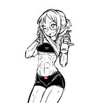  abs bottle breasts canadian_flag commentary english_commentary glasses highres invader limited_palette medium_breasts muscle muscular_female one_eye_closed ponytail short_ponytail shorts smile solo spot_color sweat underboob water_bottle 