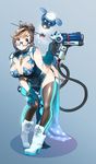  absurdres alternate_costume belt blush boots breasts brown_hair china_dress chinese_clothes cleavage cleavage_cutout dress garter_straps glasses gloves hair_bun hair_ornament hairpin highres huge_breasts impossible_clothes leaning_forward looking_at_viewer mei_(overwatch) neon_trim overwatch postal_cobe smile snowflake_print solo thighhighs utility_belt 