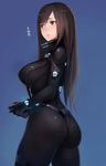  1girl ass bangs black_bodysuit blush bodysuit breasts brown_eyes brown_hair clenched_hands covered_nipples cowboy_shot from_behind gantz gantz_suit glowing highres large_breasts lips long_hair looking_to_the_side own_hands_together parted_lips shimohira_reika simple_background skin_tight solo standing swept_bangs taishi_(picchiridou) translated very_long_hair 
