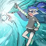  2016 bike_shorts blue_eyes blue_hair clothed clothing duo fangs hair headband humanoid inkling legendary_pok&eacute;mon male nintendo open_mouth pointing pointy_ears pok&eacute;mon red_eyes shorts splatoon suicune video_games にしくんsp 
