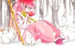  1girl arche_klein black_eyes blush bra elbow_gloves forest gloves long_hair mushroom open_mouth pants pink_eyes pink_hair ponytail rabbit ribbon scarf shoes snow tales_of_(series) tales_of_phantasia 