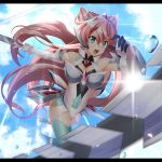  1girl aqua_eyes bare_shoulders blurry_foreground breasts cleavage covered_navel highres long_hair looking_at_viewer maria_cadenzavna_eve medium_breasts nyanmaru open_mouth pink_hair senki_zesshou_symphogear solo water_drop whip_sword 