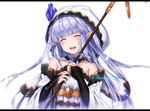  ^_^ bangs bare_shoulders blurry blush breasts closed_eyes crystal depth_of_field detached_collar eyebrows eyebrows_visible_through_hair granblue_fantasy happy holding holding_staff hood kayase letterboxed lily_(granblue_fantasy) long_hair pointy_ears simple_background small_breasts smile solo sparkle staff upper_body white_background 