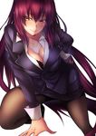  breasts cleavage fate/grand_order fate_(series) formal highres jewelry large_breasts long_hair looking_at_viewer mia_(gute-nacht-07) necklace office_lady pantyhose pencil_skirt purple_hair red_eyes scathach_(fate)_(all) scathach_(fate/grand_order) simple_background skirt skirt_suit smile solo suit white_background 