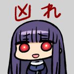  1girl :d asagami_fujino bangs blunt_bangs bright_pupils chan_co character_request chibi commentary dress eyebrows_visible_through_hair grey_background habit kara_no_kyoukai long_hair long_sleeves looking_at_viewer nun open_mouth purple_dress purple_hair red_eyes smile solo standing translation_request upper_body 