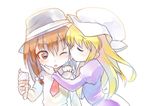  blonde_hair brown_hair cheek_licking closed_eyes ebizome face_licking food food_on_face hat ice_cream ice_cream_cone ice_cream_on_face juliet_sleeves licking long_sleeves maribel_hearn mob_cap multiple_girls one_eye_closed puffy_sleeves tongue tongue_out touhou usami_renko 