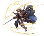  animal_ears armor belt brown_eyes cape cat_ears chain circlet closed_mouth erune full_body granblue_fantasy hair_tubes holding holding_sword holding_weapon long_hair male_focus minaba_hideo official_art ponytail seruel sheath silver_hair solo sparkle spikes sword transparent_background weapon 
