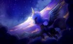  2016 blue_feathers blue_fur blue_hair cloud crown equine feathered_wings feathers female feral flying friendship_is_magic fur hair hi_res horn jewelry mammal my_little_pony necklace night princess_luna_(mlp) scarlet-spectrum sky solo spread_wings star winged_unicorn wings 