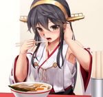  :o aiguillette armpits bandages bare_shoulders black_hair blurry blush bowl brown_eyes chopsticks collarbone detached_sleeves eating eto eyebrows eyebrows_visible_through_hair food hair_ornament hairband hairclip hand_in_hair hand_up hardboiled_egg haruna_(kantai_collection) headgear holding holding_chopsticks japanese_clothes kantai_collection long_hair meat nontraditional_miko noodles nori_(seaweed) open_mouth pork ramen remodel_(kantai_collection) restaurant ribbon-trimmed_sleeves ribbon_trim sarashi sitting skirt smile solo soup wide_sleeves yellow_background 