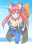  animal_ears aqua_(lostvap) bare_shoulders bent_over blush breasts brown_eyes character_name copyright_name detached_collar detached_sleeves fate/extra fate_(series) finger_to_mouth fox_ears fox_tail hair_ornament heart highres large_breasts long_hair pink_hair solo tail tamamo_(fate)_(all) tamamo_no_mae_(fate) thighhighs 