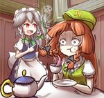  bloodshot_eyes cheek_bulge cup drinking highres hong_meiling izayoi_sakuya leaf open_mouth peroponesosu. pointing prank shocked_eyes sitting smile spilling standing surprised table teacup teapot touhou upper_body 