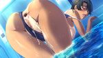  1girl all_fours anus ass black_hair breasts censored cum cum_on_ass female game_cg huge_ass kurose_mari m&amp;m moaning nipples one-piece_swimsuit pussy pussy_juice sex short_hair smile solo_focus spread_anus sweat swimsuit swimsuit_aside tan tanline verethragna_seisen_no_duelist water 
