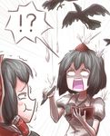  2girls bird bird_droppings cheek_bulge commentary_request crow hakurei_reimu highres irony laughing multiple_girls notebook out_of_frame pen peroponesosu. shaded_face shameimaru_aya square_mouth surprised tears touhou trembling upper_body white_background 