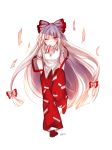  1girl ;) bangs bow collarbone eyebrows_visible_through_hair fujiwara_no_mokou full_body hair_between_eyes hair_bow hands_in_pockets highres leg_up long_hair looking_at_viewer mouth_hold ofuda one_eye_closed pants red_eyes red_footwear red_pants shan shirt shoes short_sleeves silver_hair simple_background smile solo standing standing_on_one_leg suspenders suspenders_slip touhou very_long_hair white_background white_bow white_shirt wing_collar 