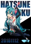  2016 aqua_hair aqua_nails armpits bare_shoulders black_footwear black_legwear blue_eyes boots character_name dated detached_sleeves hatsune_miku highres long_hair nail_polish necktie skirt solo thigh_boots thighhighs transparent_necktie transparent_skirt twintails vocaloid westxost_(68monkey) 