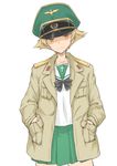  blonde_hair blouse bow brown_eyes brown_jacket cowboy_shot erwin_(girls_und_panzer) girls_und_panzer goggles goggles_on_headwear green_skirt hands_in_pockets harukon_(halcon) hat highres jacket light_smile long_sleeves looking_at_viewer military military_uniform miniskirt ooarai_school_uniform open_clothes open_jacket peaked_cap pleated_skirt pointy_hair school_uniform serafuku short_hair simple_background skirt solo standing uniform white_background white_blouse 