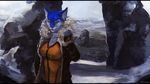  2015 anthro blue_eyes blue_fur breasts cat clothed clothing countershade_face detailed_background digital_media_(artwork) digital_painting_(artwork) feline female fingerless_gloves front_view fur gloves half-length_portrait jacket looking_at_viewer mammal multicolored_fur oouna outside portrait rock signature snow solo standing syria two_tone_fur white_fur 