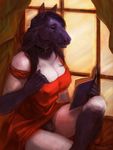  2016 5_fingers anthro book bottomless breasts cleavage clothed clothing collar curtains detailed_background digital_media_(artwork) digital_painting_(artwork) dress equine female fur hair hi_res holding_book holding_object horse humanoid_hands kiva_(partran) long_hair mammal multicolored_fur nipple_bulge oouna partran purple_fur purple_hair pussy reading sitting solo two_tone_fur white_fur window 