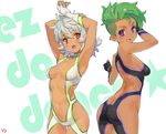  armpits arms_up ass black_gloves bodysuit breasts dark_skin ear_piercing ez_do_dance genderswap genderswap_(mtf) gloves green_hair highres king_of_prism_by_prettyrhythm medium_breasts multiple_girls nishina_kazuki piercing pretty_rhythm purple_eyes red_eyes revealing_clothes short_hair signature silver_hair simple_background smile song_name undercut white_background white_gloves yamato_alexander yang-do 