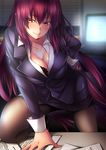  bra breasts cleavage desk fate/grand_order fate_(series) formal highres jewelry lace lace-trimmed_bra large_breasts long_hair looking_at_viewer mia_(gute-nacht-07) necklace office_lady pantyhose paper pencil_skirt purple_hair red_eyes scathach_(fate)_(all) scathach_(fate/grand_order) skirt skirt_suit smile solo suit underwear 