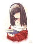  bangs black_hair blue_eyes blush book book_stack breasts hairband holding holding_book idolmaster idolmaster_cinderella_girls jewelry long_hair medium_breasts necklace off-shoulder_sweater onion_(lemlaml) ribbed_sweater sagisawa_fumika shawl sketch smile solo sweater 