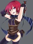  armpits arms_behind_head arms_up black_legwear breasts commentary_request dagger gloves korigitsune long_hair looking_at_viewer nel_zelpher open_mouth purple_eyes red_hair scarf short_hair sideboob smile solo star_ocean star_ocean_till_the_end_of_time thighhighs weapon 