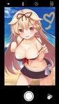  bangs bare_shoulders beach bikini bikini_skirt black_bikini black_ribbon black_skirt blonde_hair blue_sky blush braid breasts cleavage cloud collarbone commentary_request day front-tie_top hair_flaps hair_ornament hair_ribbon hairclip highres kantai_collection kneeling large_breasts leaning_forward long_hair looking_at_viewer messy_hair naughty_face navel ocean outdoors phone_screen pleated_skirt red_eyes remodel_(kantai_collection) ribbon rokuroku_(xd_p) sailor_bikini sailor_collar single_braid skirt sky smile solo strap_pull swimsuit tongue tongue_out water yuudachi_(kantai_collection) 