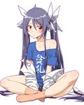  alternate_costume black_hair blue_shirt blush clothes_writing crossed_legs flat_chest hair_ribbon indian_style long_hair looking_at_viewer nervous off-shoulder_shirt ore_twintail_ni_narimasu red_eyes ribbon shirt shorts sitting socks solo t-shirt translated tsube_aika twintails very_long_hair yuto_(dialique) 