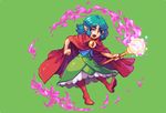  abysswolf cape dress fara_&amp;_the_eye_of_darkness fara_(fara_&amp;_the_eye_of_darkness) fire green_background green_hair looking_at_viewer magic magical_girl pixel_art purple_eyes solo wand 