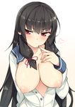  &gt;:/ :/ bangs black_hair blush breasts breasts_outside buttons closed_mouth collarbone eyebrows eyebrows_visible_through_hair finger_to_mouth fingernails gradient gradient_background hair_ribbon haruyuki_(yukichasoba) heart isokaze_(kantai_collection) kantai_collection large_breasts long_hair long_sleeves looking_at_viewer nipples no_bra open_clothes open_shirt partially_unbuttoned red_eyes ribbon sailor_collar shirt solo tress_ribbon unbuttoned unbuttoned_shirt upper_body v-shaped_eyebrows very_long_hair white_shirt 