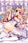 absurdres ass bed_sheet blonde_hair blue_ribbon bow braid breasts breasts_outside buttons cameltoe crown_braid eyebrows eyebrows_visible_through_hair fingernails frilled_skirt frills fujima_takuya groin hair_between_eyes hair_bow hand_up heart heart_pillow highres holding holding_stuffed_animal large_breasts long_fingernails long_hair looking_at_viewer lying midriff mouth_hold navel no_shoes on_bed on_side panties pillow pleated_skirt polka_dot polka_dot_pillow puffy_short_sleeves puffy_sleeves purple_hair ribbon scan shirt short_sleeves skirt skirt_around_one_leg solo striped striped_bow striped_panties stuffed_animal stuffed_bunny stuffed_toy thighhighs unbuttoned unbuttoned_shirt underwear white_legwear 