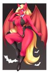  2015 absurd_res anthro bat big_breasts blonde_hair blue_eyes boots breasts cleavage clothed clothing equine fan_character female footwear hair hi_res horn long_hair mammal membranous_wings mleonheart my_little_pony scarlet_rose smile solo swimsuit teeth winged_unicorn wings 