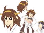  2girls ahoge bare_shoulders brown_hair brown_skirt commentary_request crayon_shin-chan detached_sleeves hairband hands_on_another's_head haruna_(kantai_collection) hat headgear ishii_hisao japanese_clothes kantai_collection kongou_(kantai_collection) little_boy_admiral_(kantai_collection) long_hair military military_hat military_uniform multiple_girls nohara_shinnosuke nontraditional_miko parody skirt uniform usui_yoshito_(style) wide_sleeves 