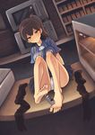 bare_legs barefoot black_legwear blue_shirt blue_skirt breasts brown_eyes brown_hair cigarette_box closed_mouth collared_shirt convenience_store counter dorsiflexion dutch_angle employee_uniform expressionless feet foot_hold full_body highres indoors kaga_(kantai_collection) kantai_collection knees_up large_breasts lawson legwear_removed long_hair looking_at_viewer microwave nishikasai_munieru on_counter panties pantyshot pantyshot_(sitting) pleated_skirt ponytail shirt shop short_sleeves side_ponytail sitting skirt soles solo striped thighhighs thighhighs_removed toes tsurime underwear uniform vertical_stripes white_panties 