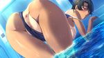  1girl all_fours anus ass black_hair breasts censored female game_cg huge_ass kurose_mari m&amp;m nipples one-piece_swimsuit pussy pussy_juice short_hair solo_focus sweat swimsuit swimsuit_aside tan tanline verethragna_seisen_no_duelist water 