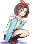  abe_kanari black_legwear blue_eyes blue_skirt brown_hair hair_ribbon hairband high_school_fleet hirota_sora hood hooded_jacket jacket loafers long_sleeves pleated_skirt pointing ribbon shoes short_hair skirt socks solo squatting track_jacket yokosuka_girls_marine_high_school_uniform 