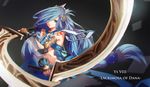  blue_hair breasts caang_yue_xue_feeng character_name copyright_name dana_(ys) dual_wielding green_eyes hair_ornament hair_over_one_eye highres holding holding_sword holding_weapon long_hair medium_breasts parted_lips solo sword tattoo very_long_hair weapon ys ys_viii_lacrimosa_of_dana 