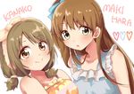  alternate_hairstyle bare_shoulders blush bow brown_eyes brown_hair character_name closed_mouth collarbone commentary cowboy_shot eyebrows eyebrows_visible_through_hair green_eyes hair_bow highres idolmaster idolmaster_cinderella_girls kohanu long_hair looking_at_viewer low_twintails makihara_shiho mimura_kanako multiple_girls off_shoulder smile twintails upper_body 