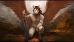  2016 anthro brown_hair digital_media_(artwork) digital_painting_(artwork) equine eyes_closed feathered_wings feathers front_view full-length_portrait fur hair heavensteed holding_object holding_weapon hooves letterbox long_hair male mammal melee_weapon nude on_one_knee oouna pegasus portrait signature solo sword tasteful_nudity weapon white_feathers white_fur wings 