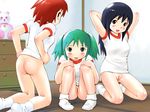  3girls :d arms_behind_head arms_up ass black_eyes black_hair blush bottomless breasts byunbyun_house drawer female green_eyes green_hair gym_shirt gym_uniform hands_on_own_knees indoors kneeling long_hair looking_at_viewer looking_back multiple_girls open_mouth original pussy red_eyes red_hair shirt short_hair small_breasts smile socks squatting stuffed_animal stuffed_panda stuffed_toy tatami tsuzuki_kazuhiko twintails uncensored 