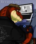  anthro clothed clothing computer crocodile crocodilian fingerless_gloves gloves hair laptop looking_at_viewer male reptile scalie smile solo tenaflux 