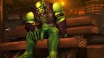  armor balls big_penis bottomless clothed clothing flaccid greaves humanoid male muscular muscular_male not_furry orc penis pinup pose rooking sitting solo vest video_games warcraft 