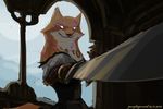  2016 armello canine clothed clothing female fox mammal melee_weapon purpleground02 scarlet_(armello) smile solo sword weapon white_eyes 