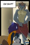  anthro clothed clothing comic dragon duo english_text horn lizard male reptile scalie sitting standing tenaflux text towel 