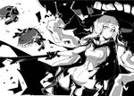  :&lt; bodysuit breasts cape collar cowboy_shot deel_(rkeg) enemy_aircraft_(kantai_collection) gloves greyscale hat highres holding holding_weapon kantai_collection long_hair medium_breasts monochrome navel shinkaisei-kan simple_background solo teeth tentacles weapon wo-class_aircraft_carrier 